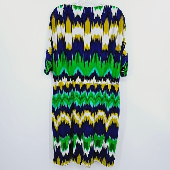Calvin Klein Dress 16 Faux Wrap Dolman Sleeve Colorful Ikat Surplice Short Plus - Picture 10 of 11